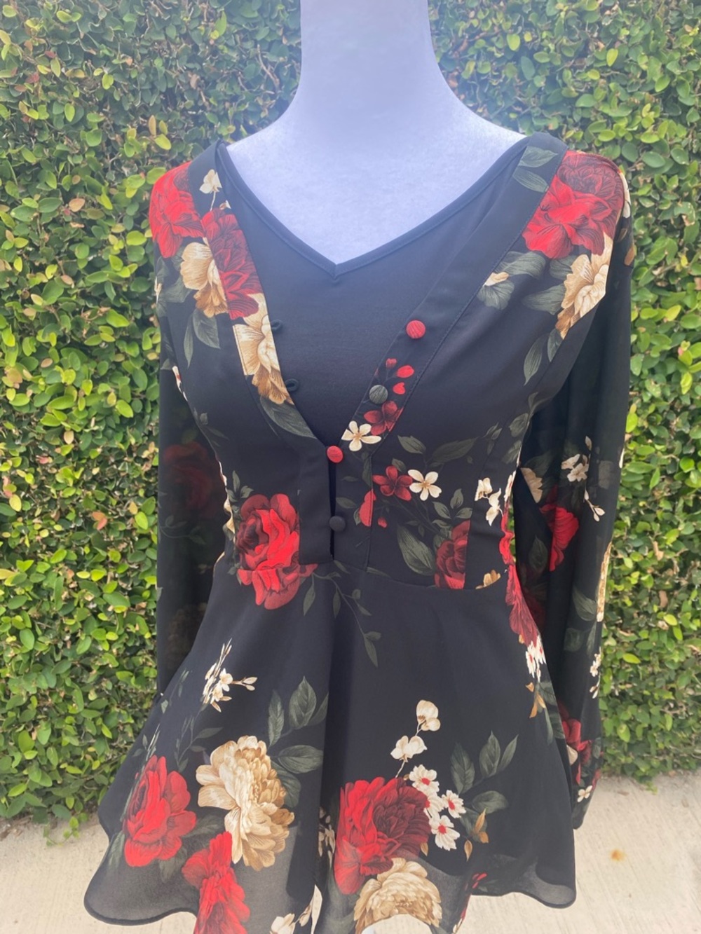 City Chic Black Floral Peplum Top with Red & Cream Blooms